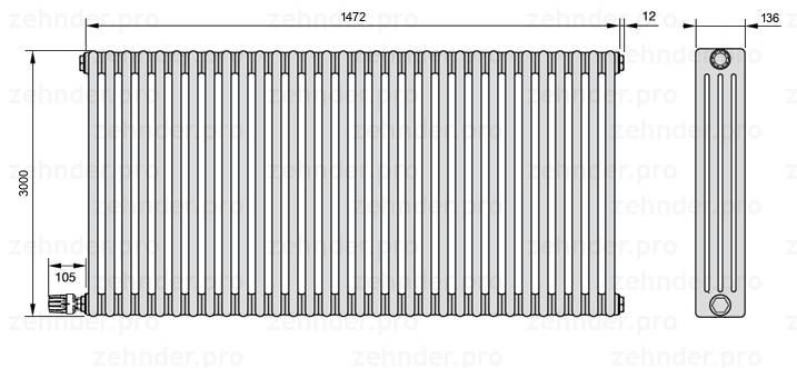 Схема (чертеж) Радиатор Zehnder Charleston 4300/32 №V004 Белый глянцевый RAL 9016
